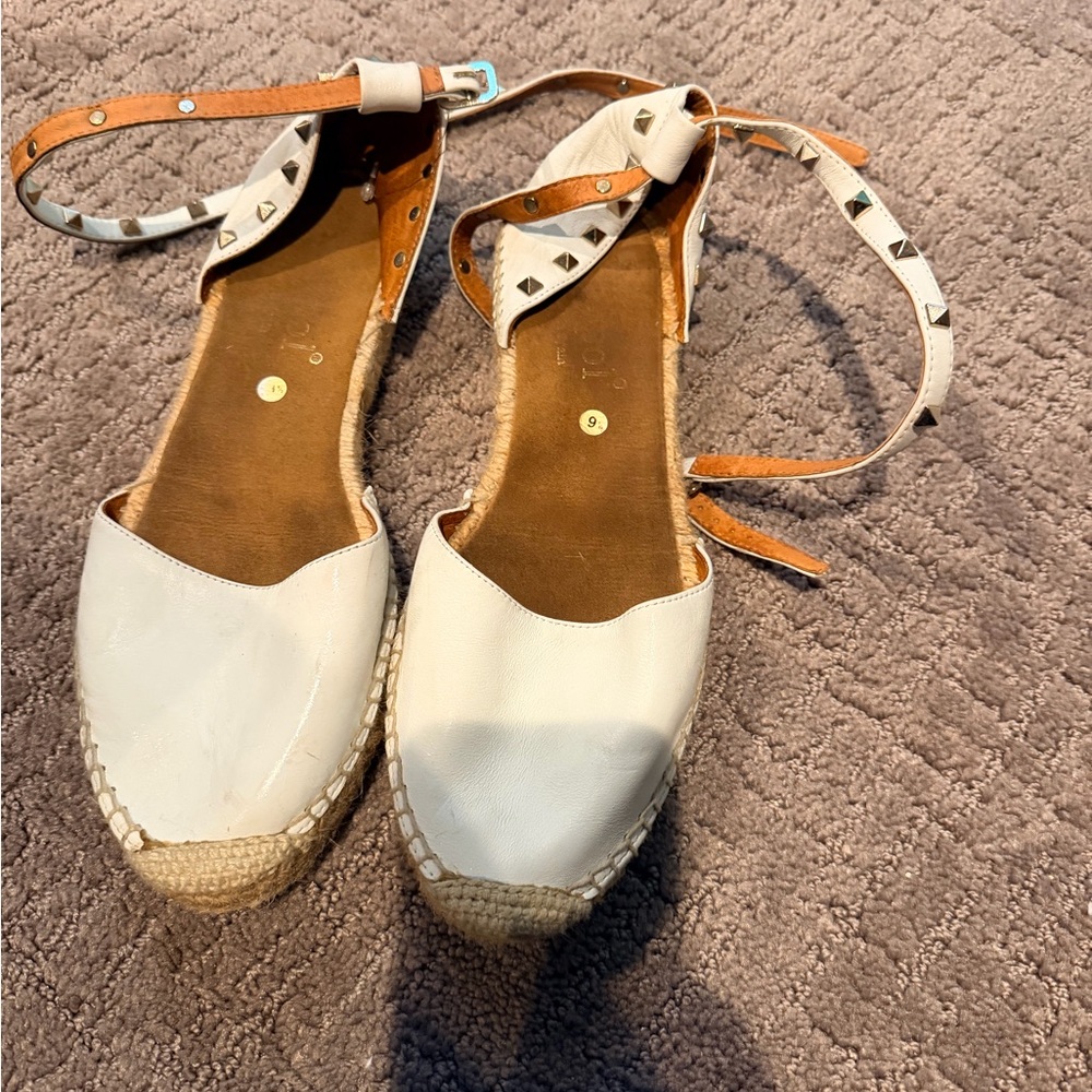 Maypol Studded Ankle-Strap Espadrille Flats in White and Tan